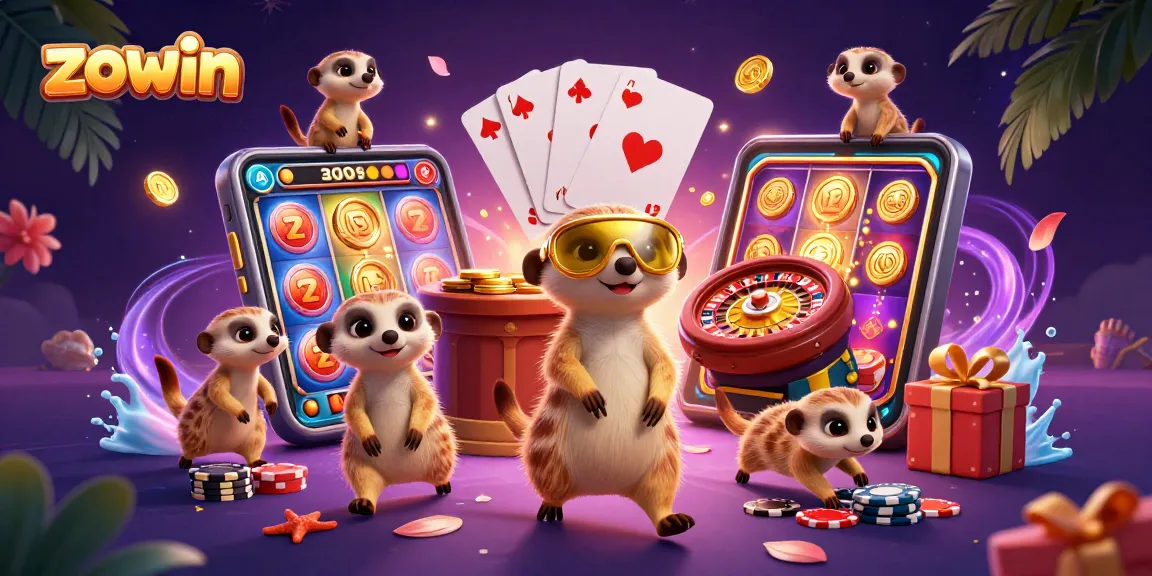 Zowin casino scene with animated meerkats engaging in vibrant gaming activities, including slot reels and card games.