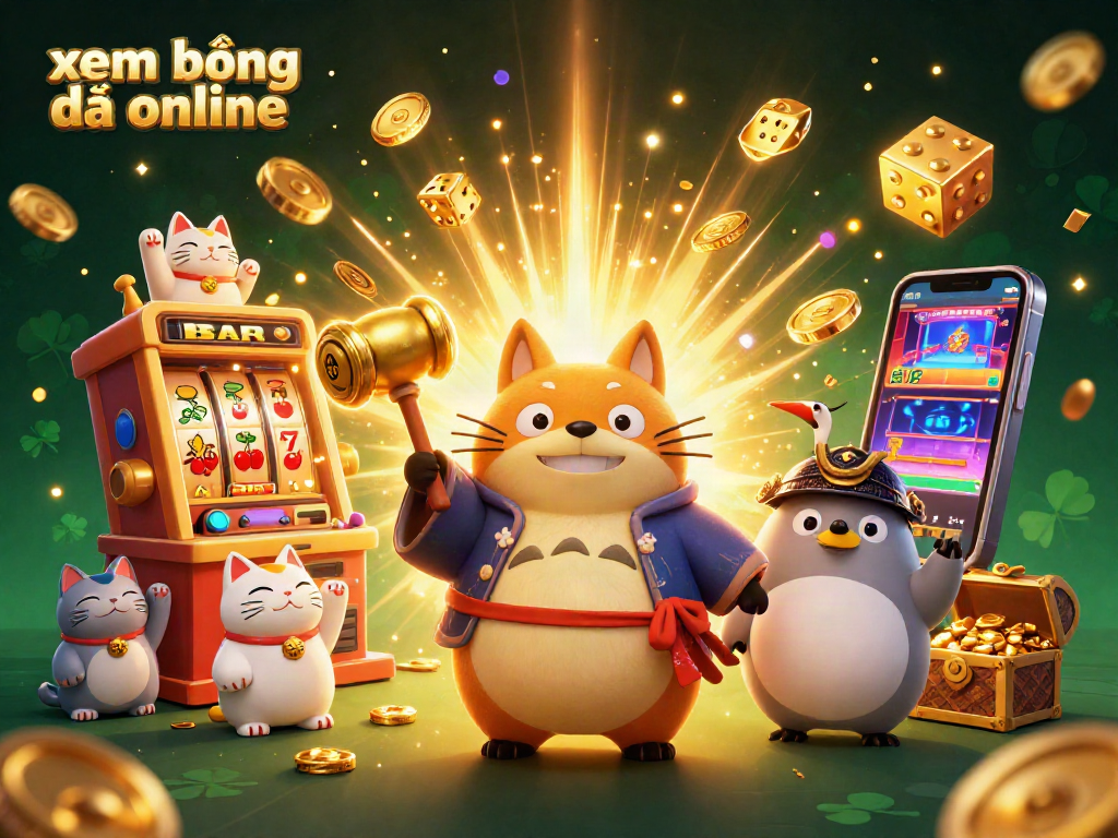 Xem bóng đá online with a cheerful tanuki and fortune cats celebrating around a jackpot slot machine in a vibrant 3D scene