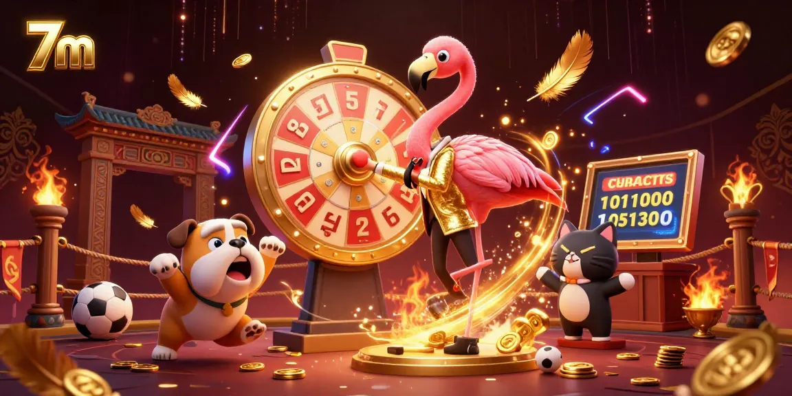 Engage with 7m sports betting excitement as a flamingo host spins a golden prize wheel amidst thrilling game elements.