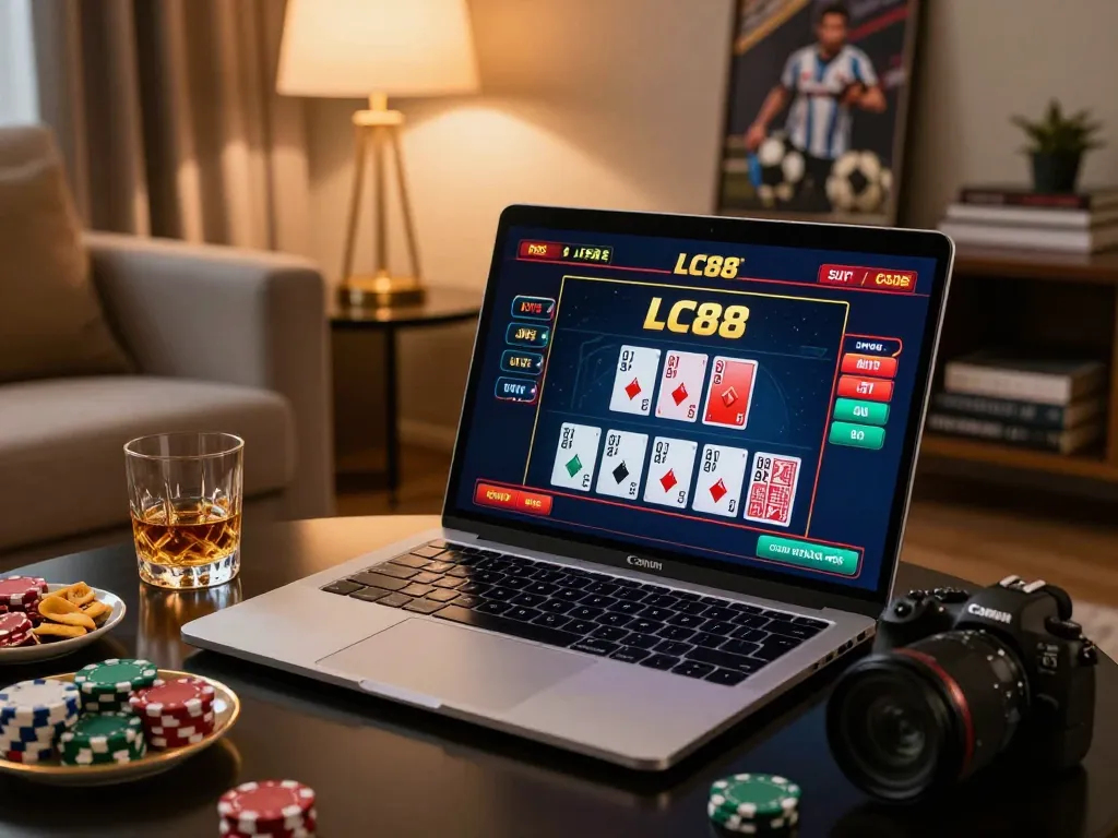 Players engaging in thrilling LC88 live dealer game on a sleek laptop in a cozy home setting