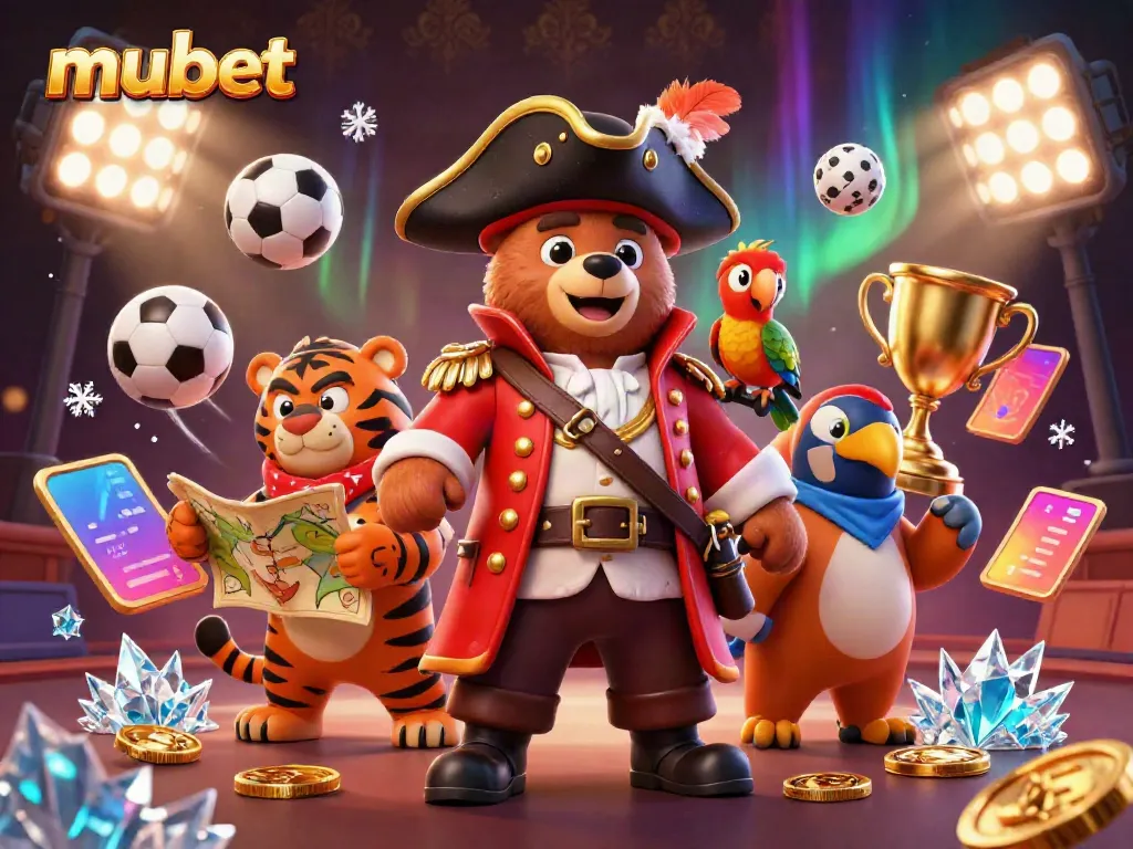 Engage with mubet's thrilling online betting scene featuring a pirate bear, tiger first mate, and dynamic sports elements
