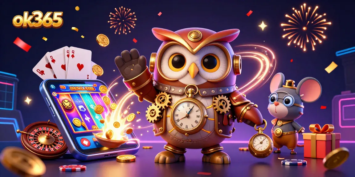 Spin the reels with ok365 as the steampunk owl and mouse spotlight vibrant casino elements in dynamic action.