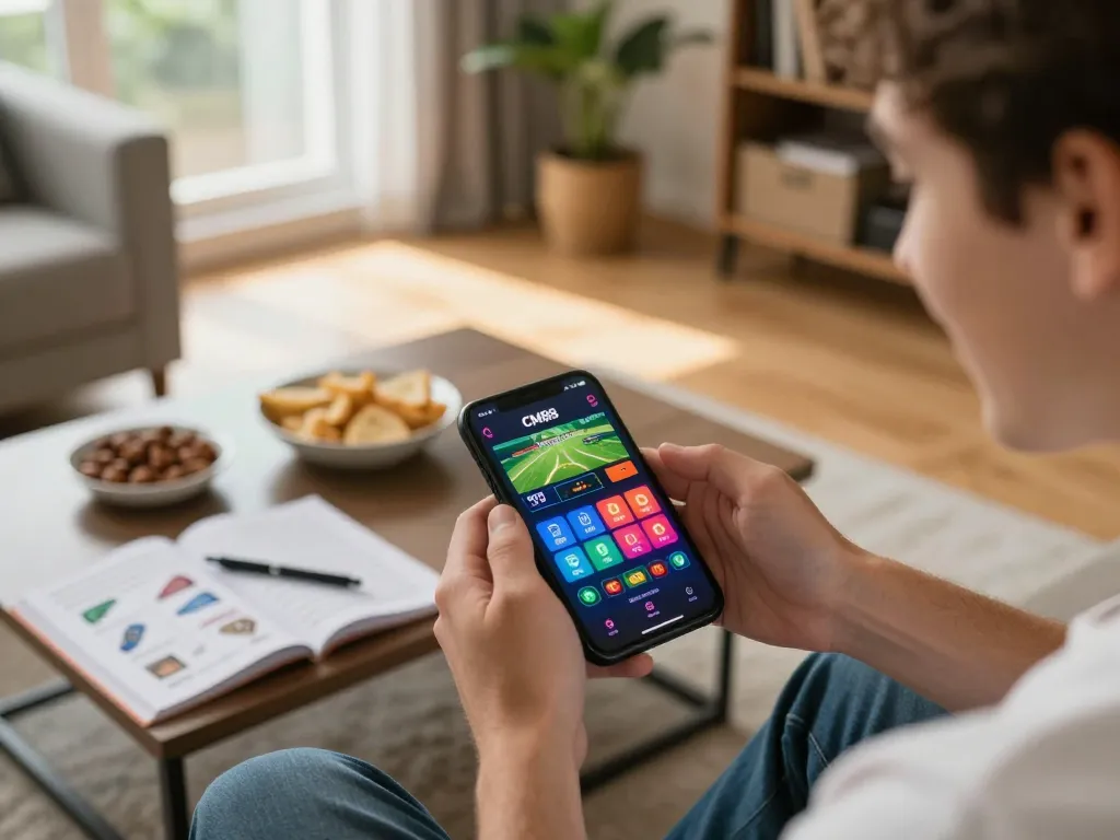 Person engaging with the CM88 app for sports betting on smartphone in a cozy home.