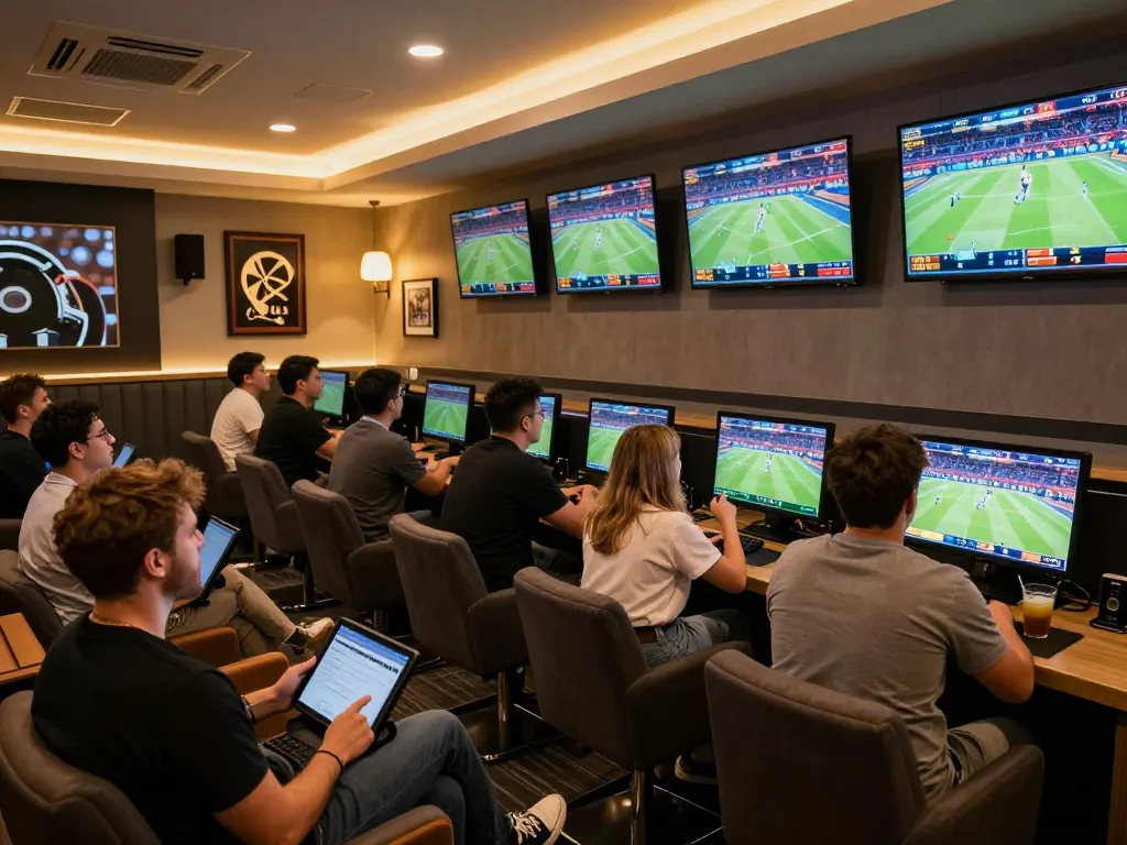 Engaged bettors analyzing kết quả bóng đá and placing bets in a lively sports betting lounge atmosphere