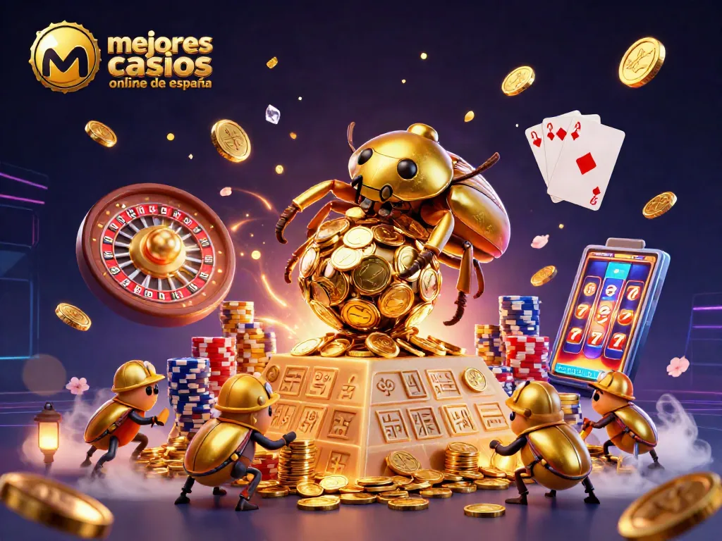 Juega en los mejores casinos online de España con ruletas, cartas y monedas doradas.