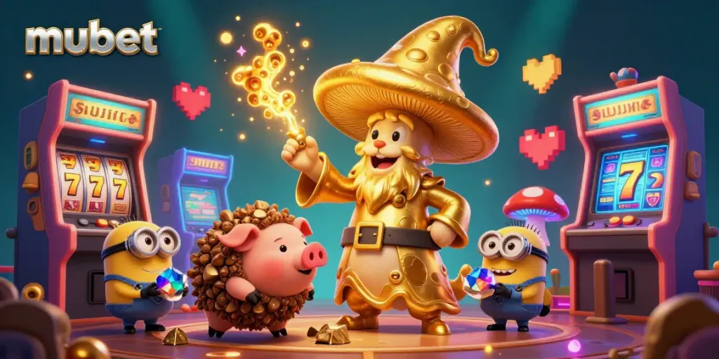 Engage with mubet's vibrant gaming scene featuring a golden wizard and treasure-hunting pig in a colorful casino.