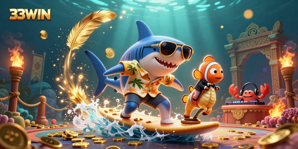 Experience vibrant 33WIN casino excitement with a colorful underwater scene featuring a playful shark and clownfish.