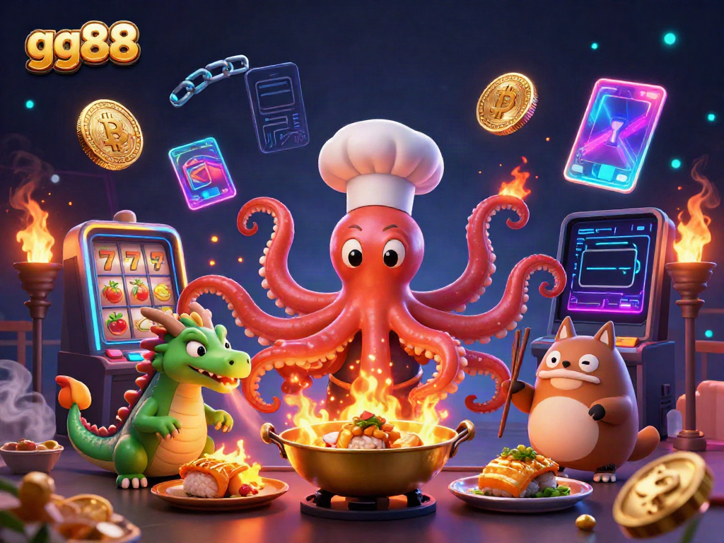 Experience the thrill of gg88 with a dynamic casino scene featuring a cartoon octopus chef, dragon, and tanuki.