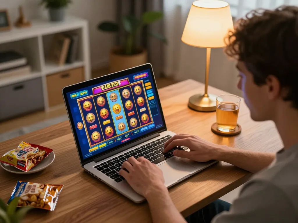 Player enjoying situs slot gacor on laptop with vibrant game interface, warm home atmosphere.