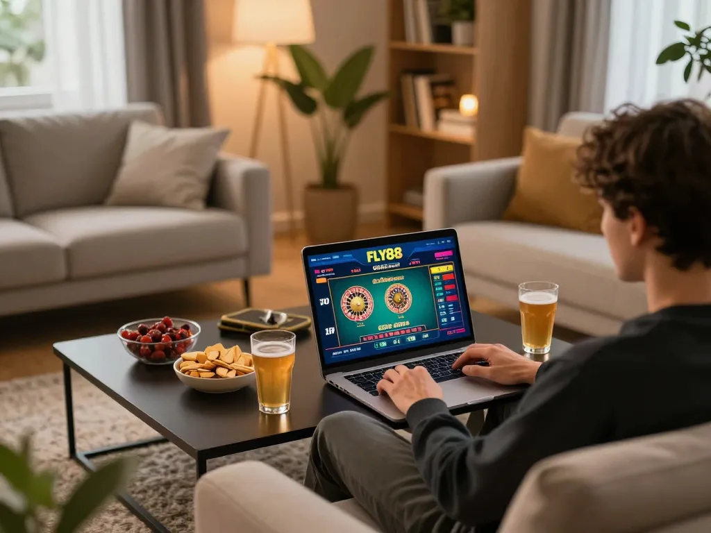 Engaging gameplay on FLY88's online casino platform with vibrant laptop interface in cozy living setting.