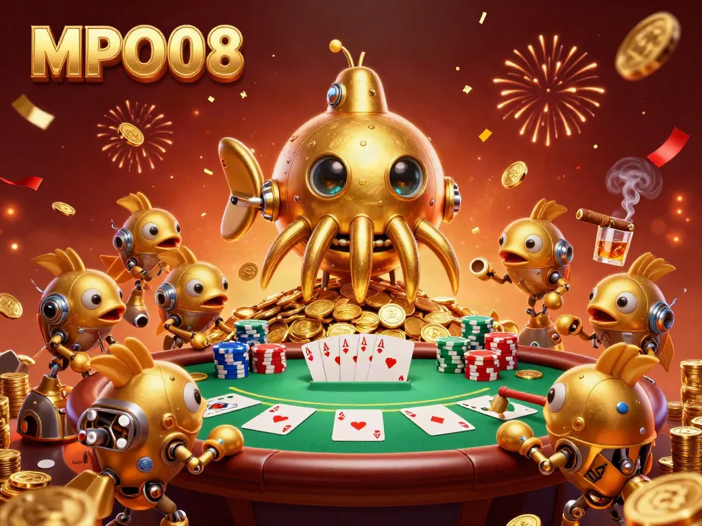 Engage in thrilling gameplay with MPO08 where a golden kraken submarine rises amidst riches on a poker scene.