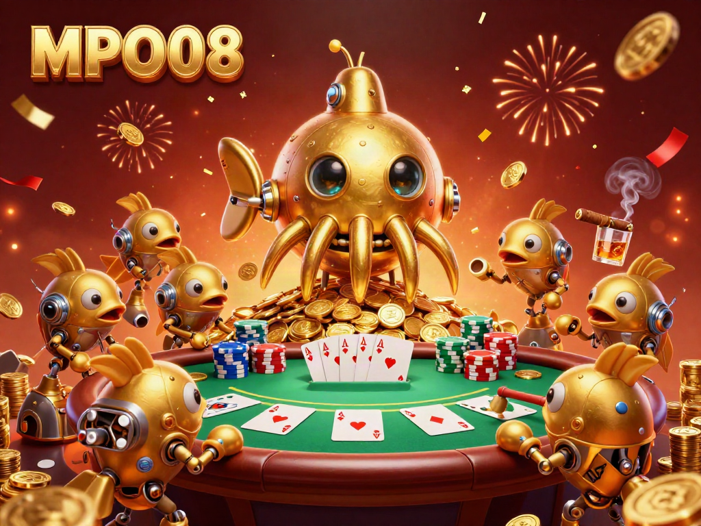 Engage in thrilling gameplay with MPO08 where a golden kraken submarine rises amidst riches on a poker scene.