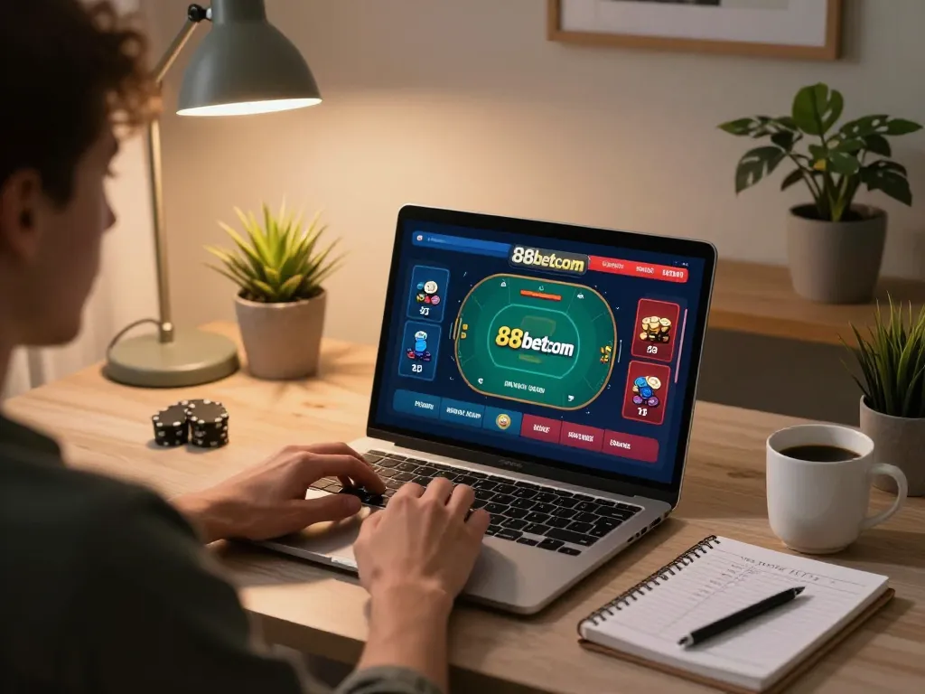 Engaging in online poker at 88betcom with strategic notes and warm home lighting.