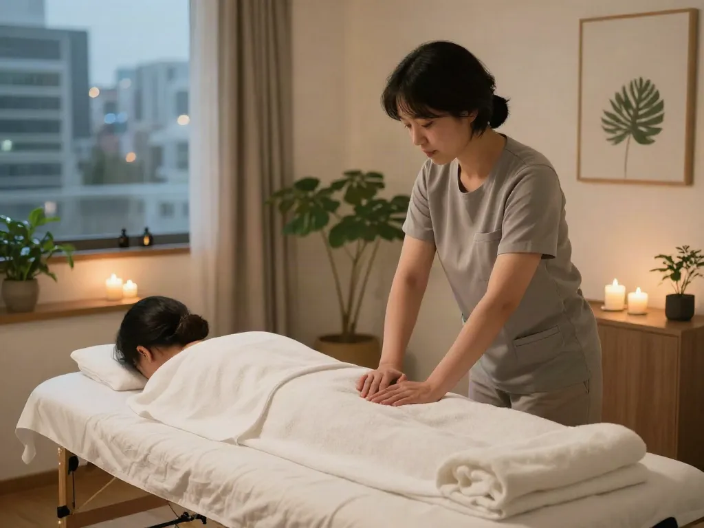 Relaxing massage therapy setup for 동작출장마사지 in a calming home environment.