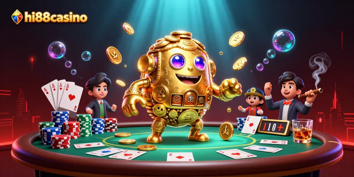 Engage with the vibrant hi88casino through a thrilling 3D digital casino scene featuring a golden golem and poker elements.
