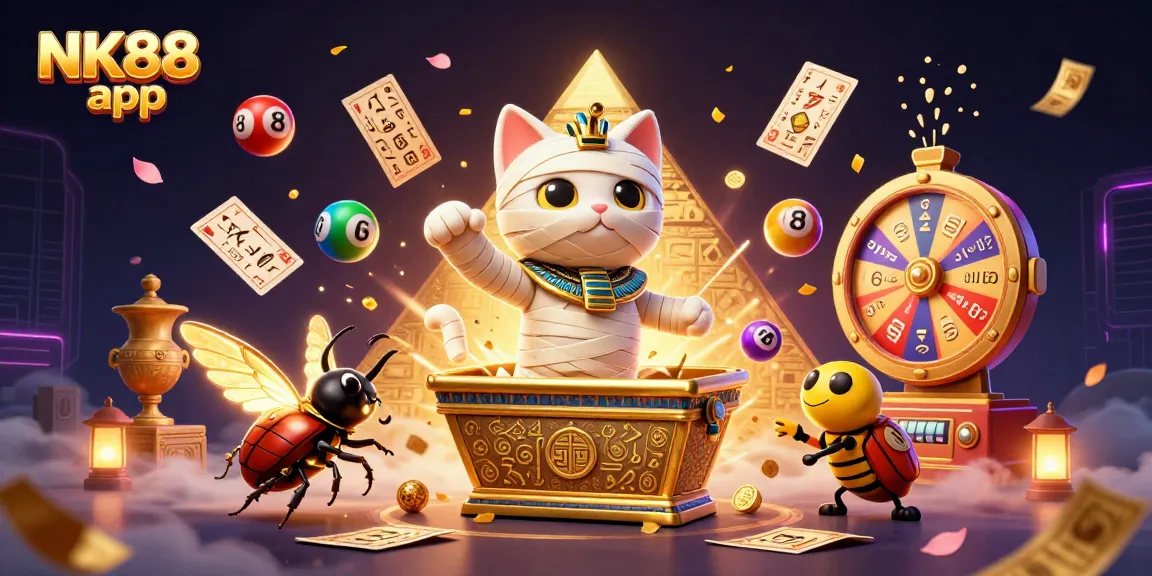 Experience the thrilling NK88 app with a dynamic casino scene featuring a mummy cat and golden elements.