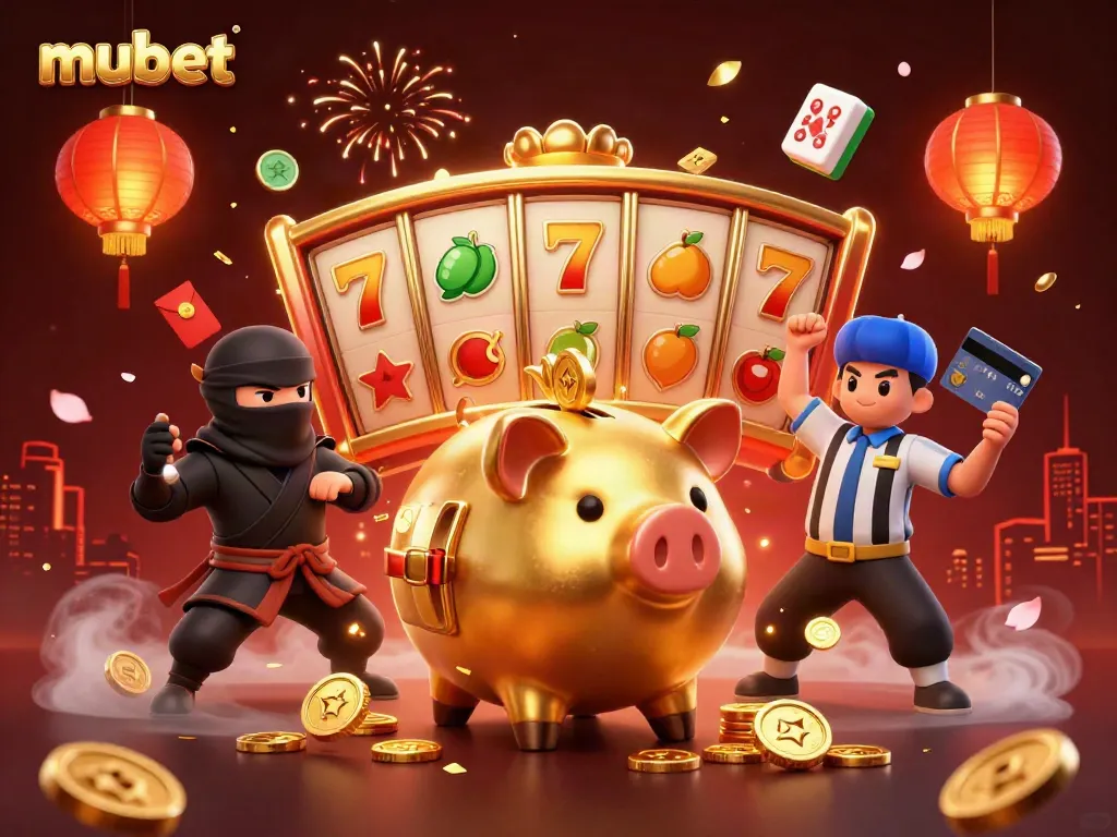 Engage with the vibrant energy of mubet as a golden piggy bank sumo wrestler stomps amidst floating slot reels and festive symbols.