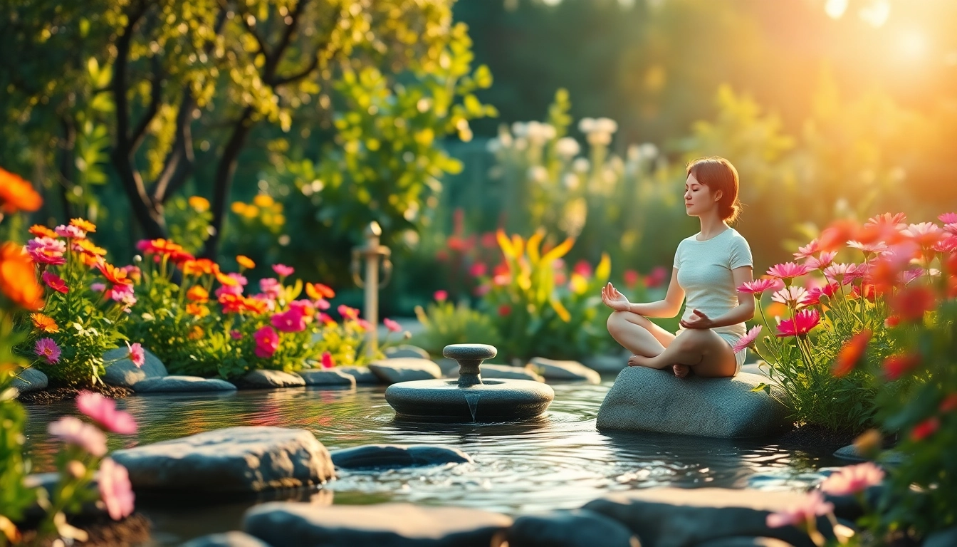 A serene scene depicting stress and anxiety relief through meditation in a tranquil garden.