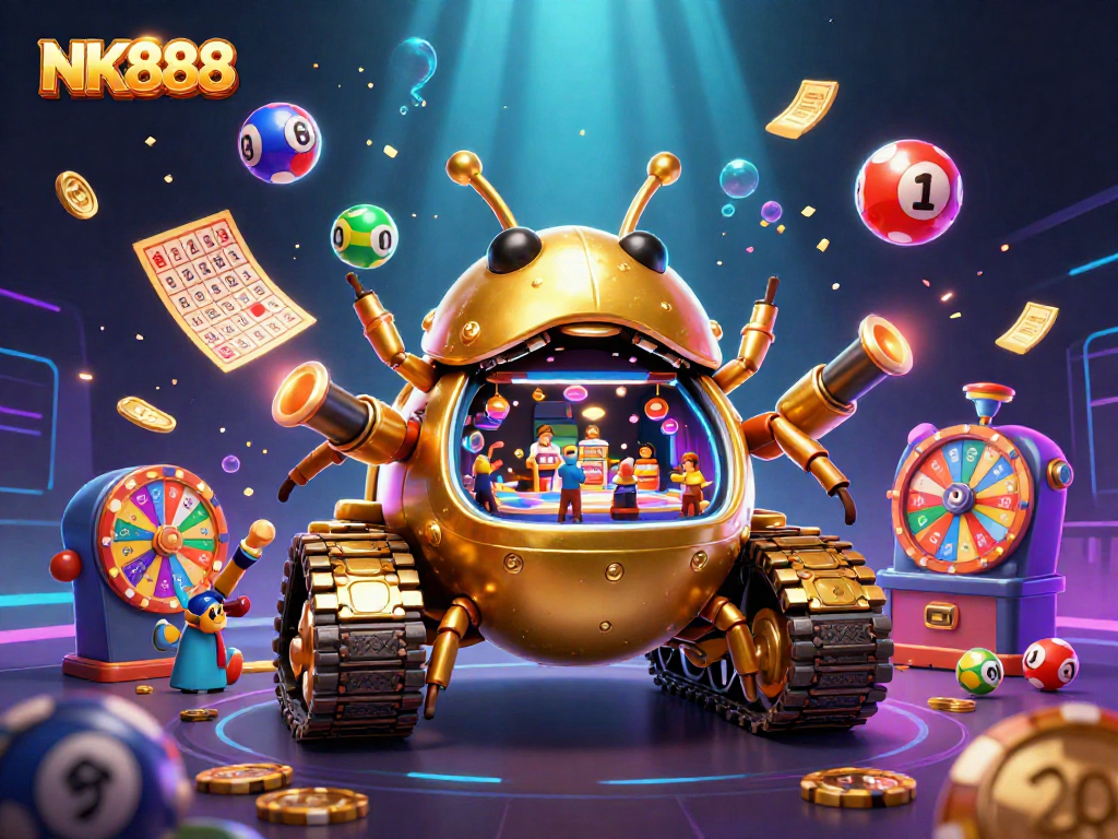 Experience the excitement of NK888 with a winning casino 3D illustration featuring a golden beetle tank.