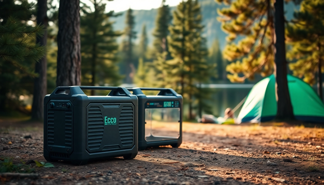 EcoFlow portable power station powering devices outdoors in a scenic camping environment.