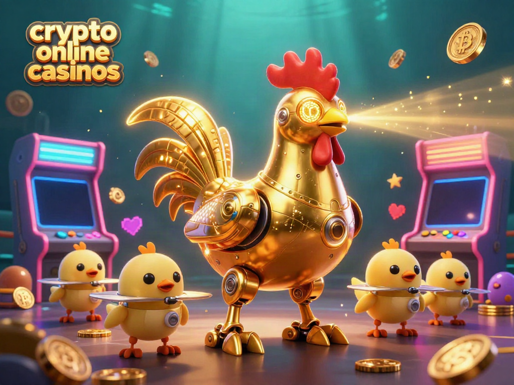 Engage with top crypto online casinos through vibrant visuals of futuristic robots and arcade games.