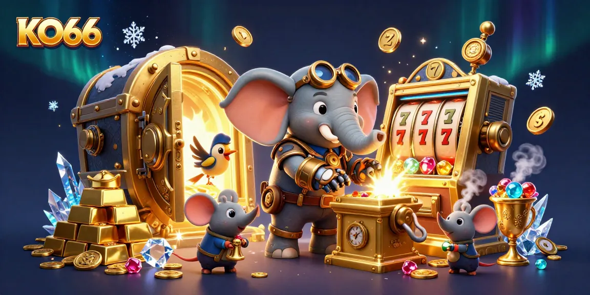 KO66 slots come alive with a whimsical steampunk elephant operating a golden slot machine