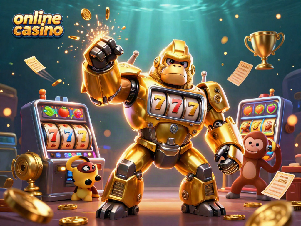 Vivi l'emozione di un online casino con il gorilla mech che sfonda le slot e sprigiona monete.