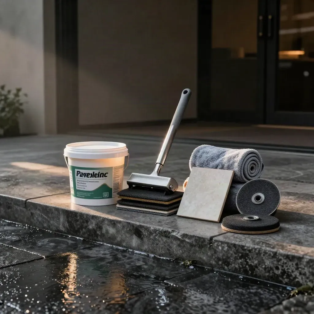 Floor care kit staged on a wet entry floor at dawn, lit with warm gold, low heroic angle.