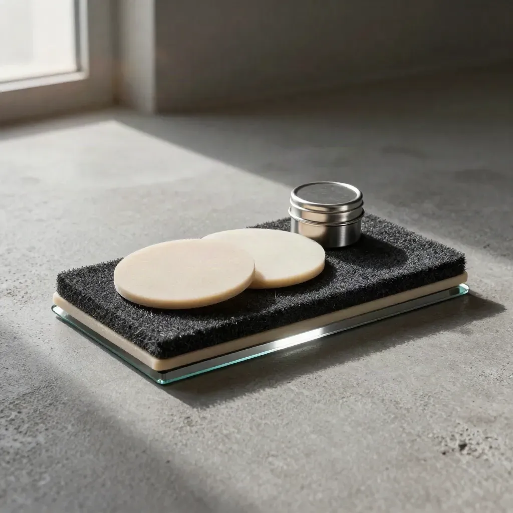Burnisher pad, foam discs and sealed canister on concrete beside a glossy floor swatch.