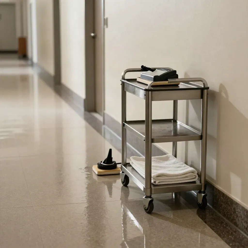 Glossy waxed office corridor with applicator cart, buff pad, and maintenance caddy
