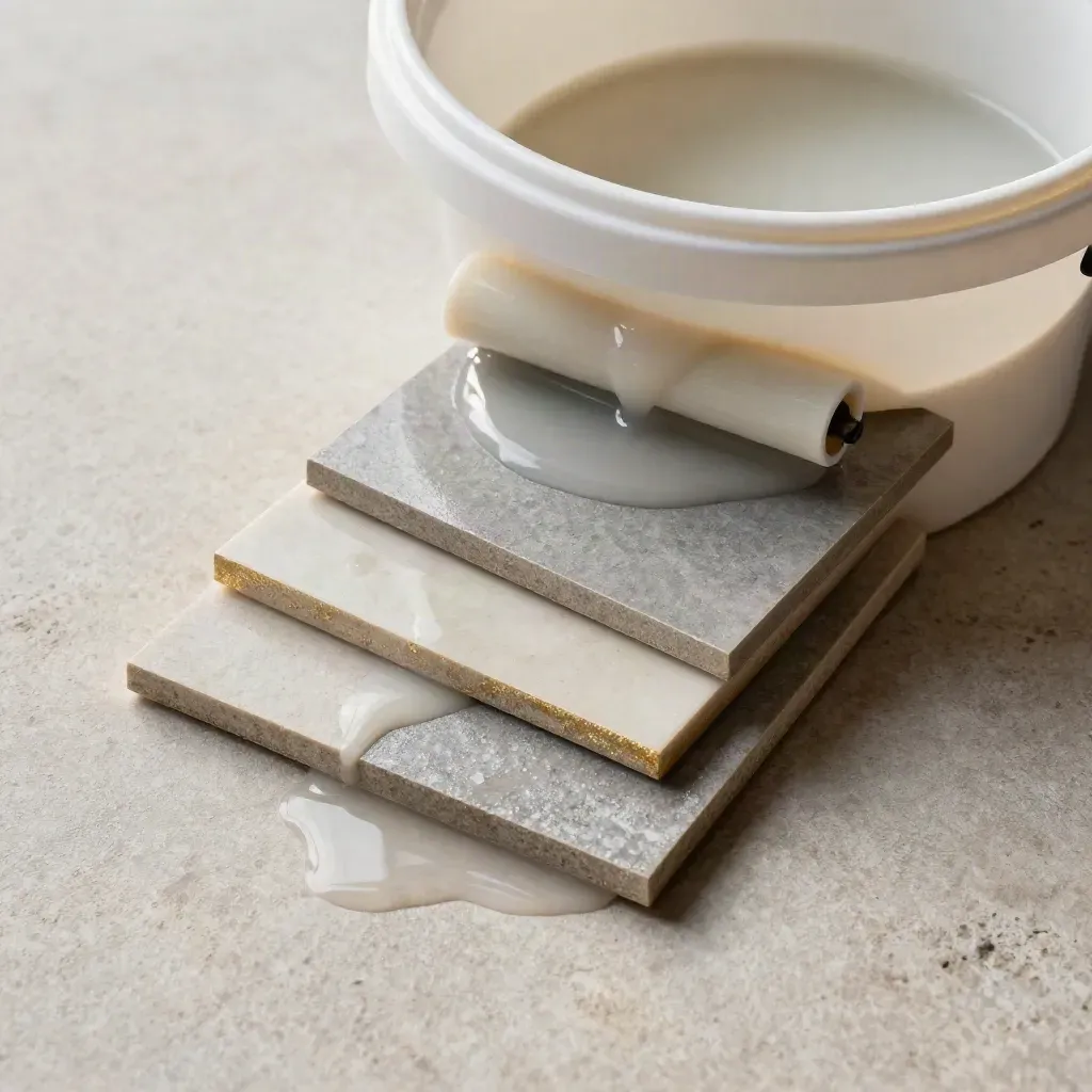 Overhead macro of wax bucket, roller tray, and overlapping vinyl tile samples on pale stone.