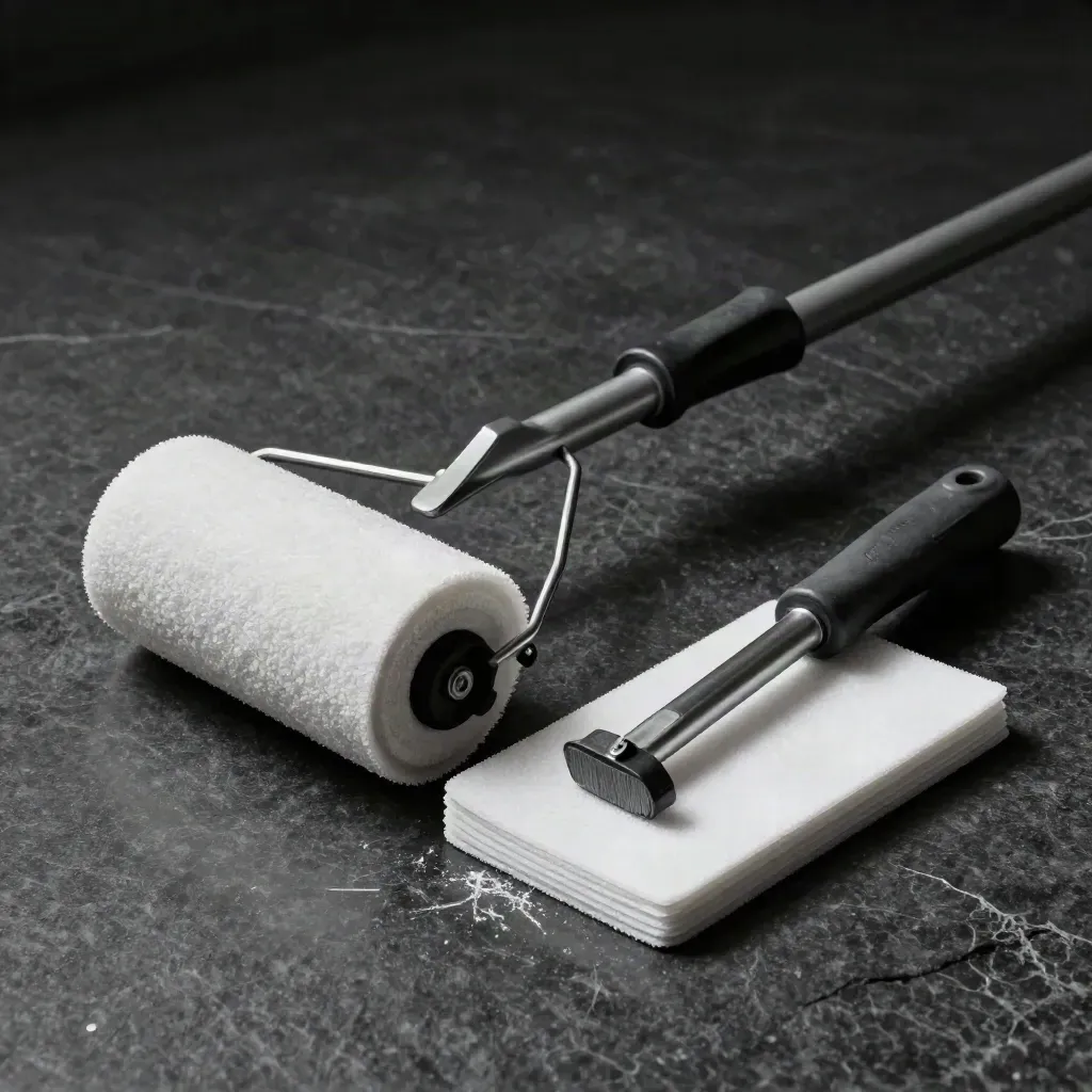 Unlabelled floor-care drum, stripping pads, and edge applicator on dark stone.
