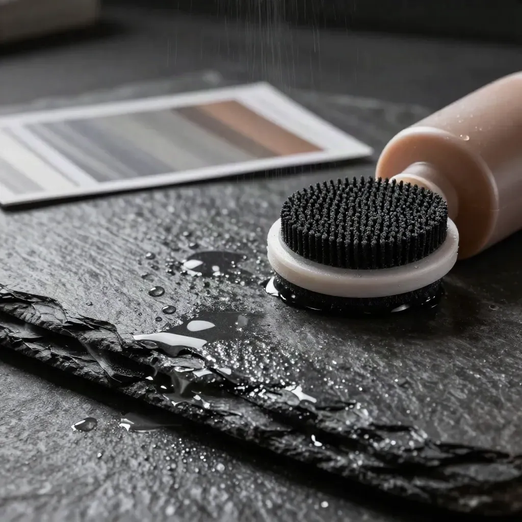 Macro of anti-slip floor-care sample board, bottle and pad on wet slate