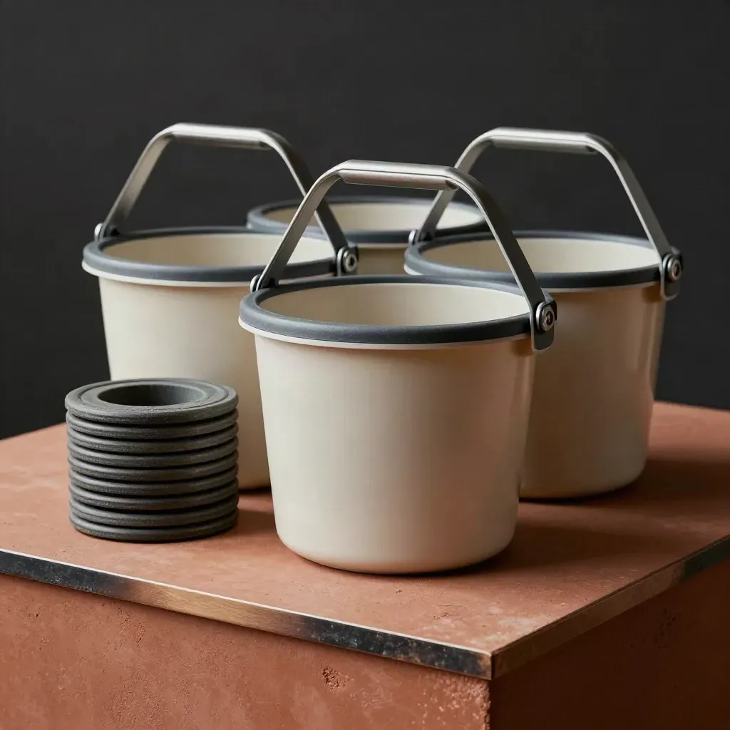 Three unbranded pails, pad rings and a floor sample block on a terracotta plinth in moody studio light.