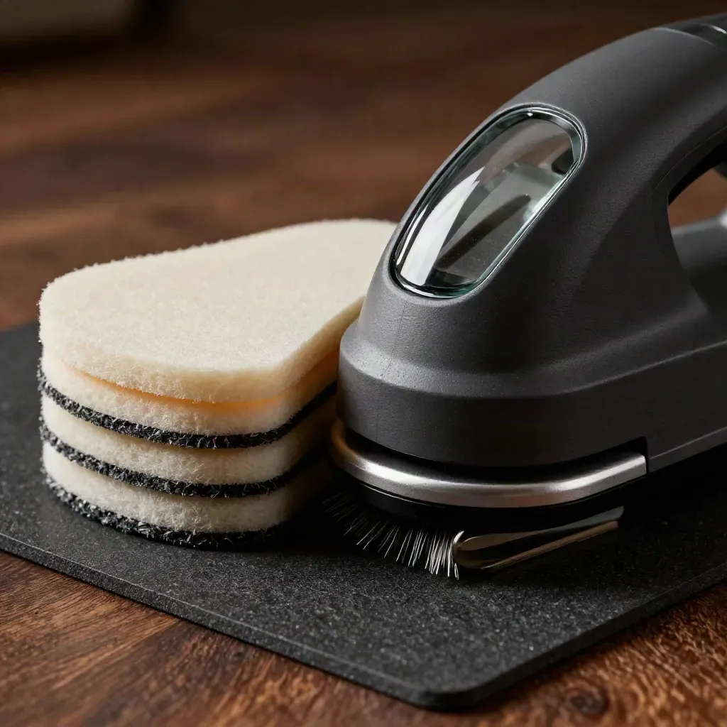 Macro of buffing pads, machine base and tile sample on rubber matting in a floor-care scene.