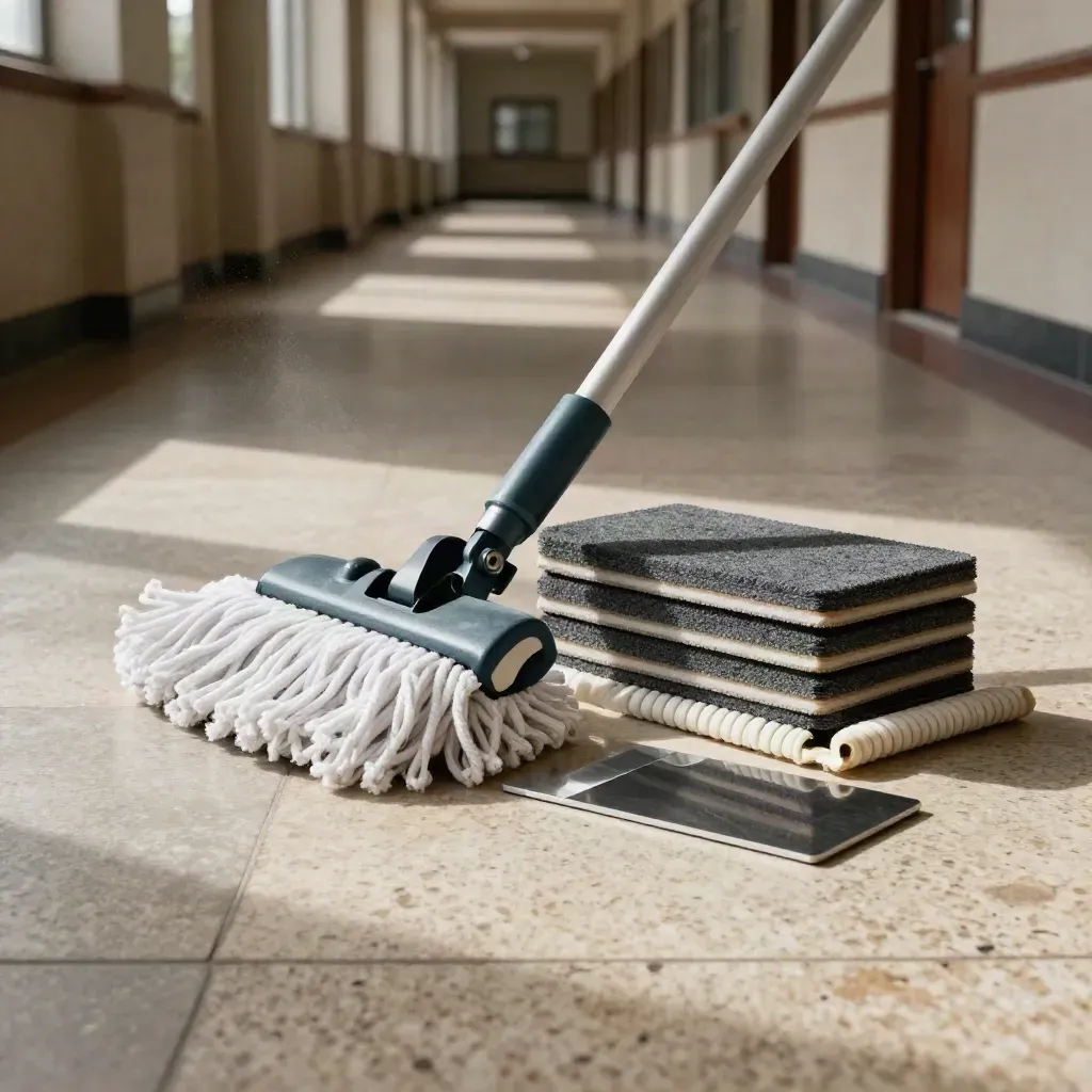 Maintenance kit beside a polished school corridor sample in soft haze and daylight.