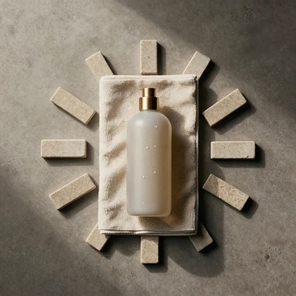 Overhead flatlay of a cleaner bottle, microfiber roll and droplet-covered stone swatch