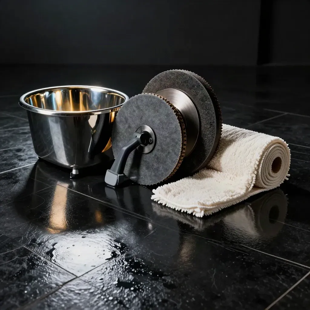 Wax pail, burnisher disc, and microfiber coil on a glossy black tile with gold reflections.