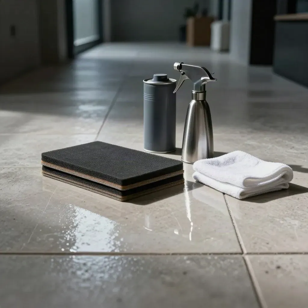 Night-shift burnish kit on glossy concrete with pads, canister and tile sample