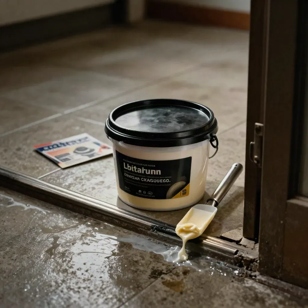 Wax pail and edge applicator beside glossy entry tiles at a doorway threshold.