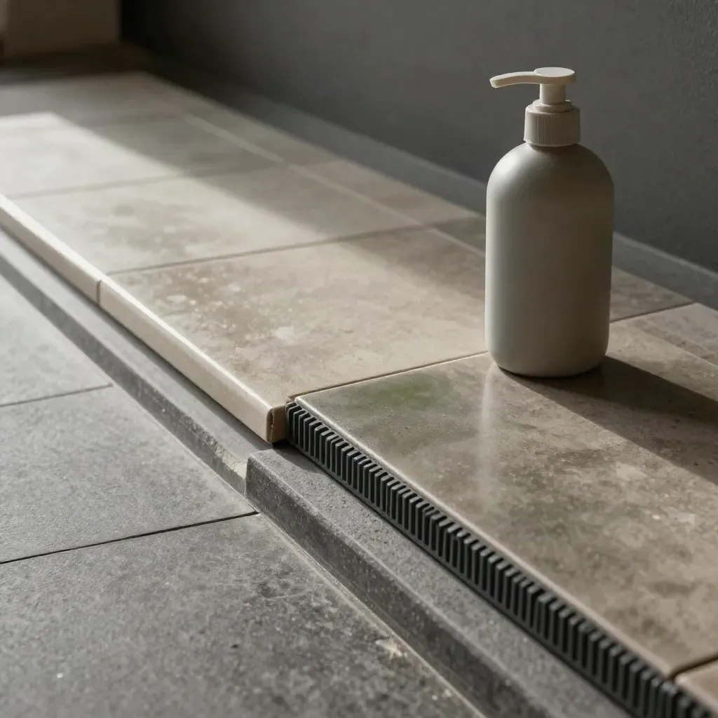 Waxed corridor tile sample with edge guard and maintenance bottle on gray stone.