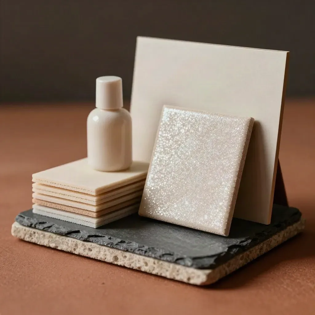 Office tile shine kit with pads, bottle, and glossy tile sample on terracotta clay.