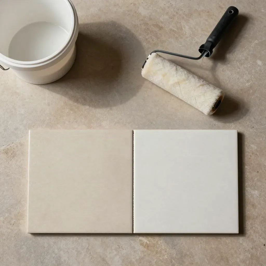 Overhead flatlay of a white pail, roller frame, and two tile swatches with a fresh recoat seam.