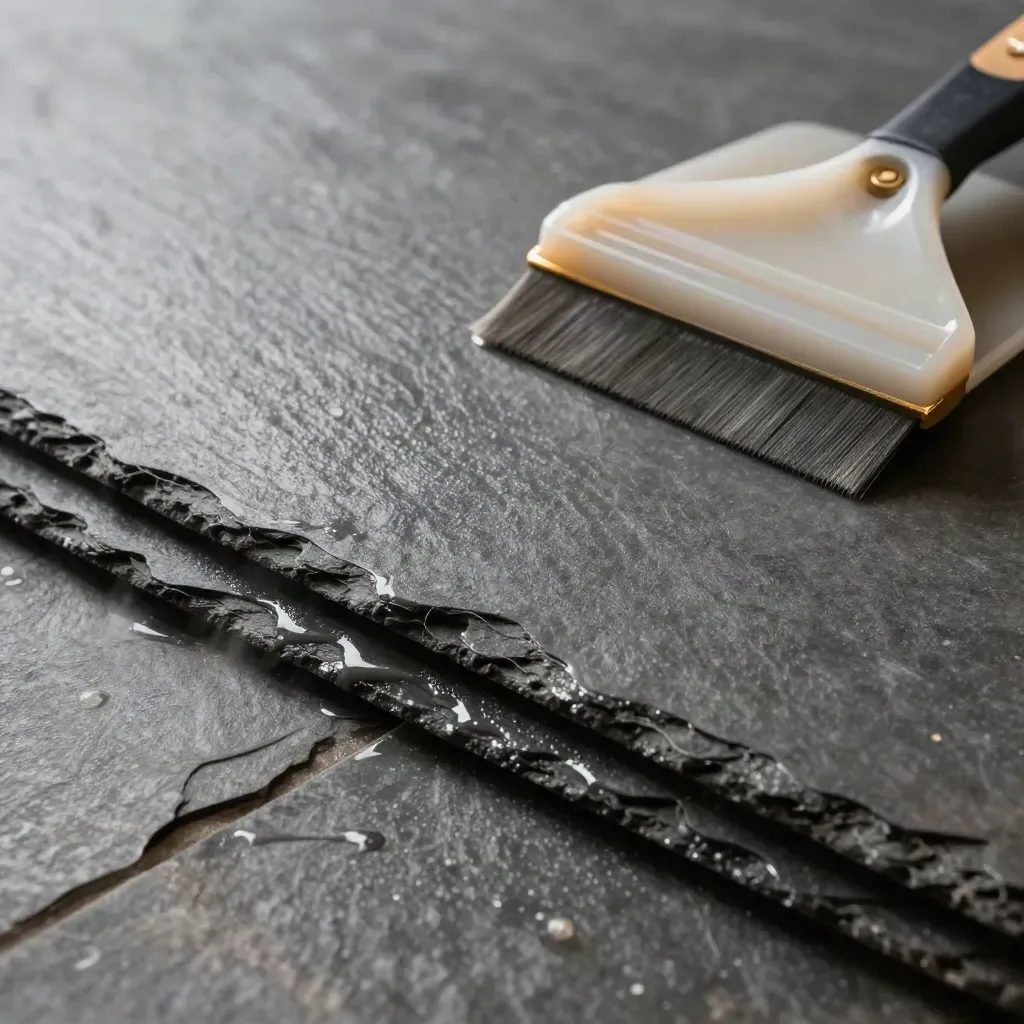 Slip-finish sample board, tray and safety mat edges gleaming on dark slate in humid low light