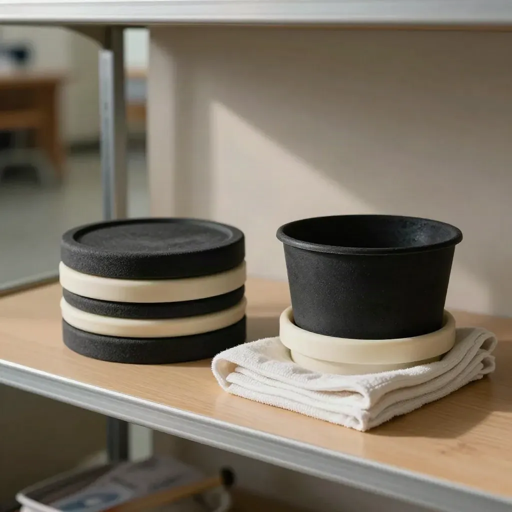 Two charcoal pails, pads, and a folded cloth on pale oak in soft daylight