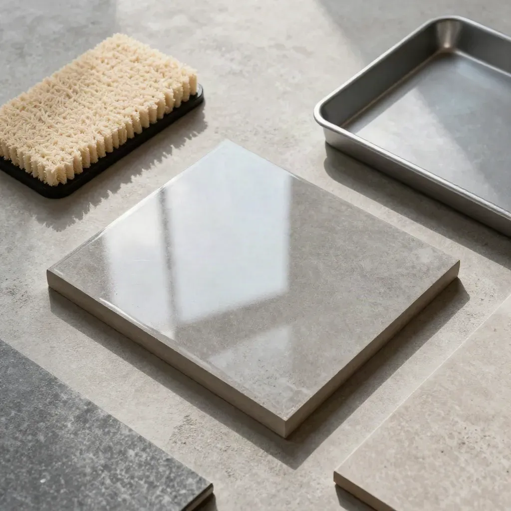 Overhead buff pad, glossy tile sample, and tray on pale concrete.