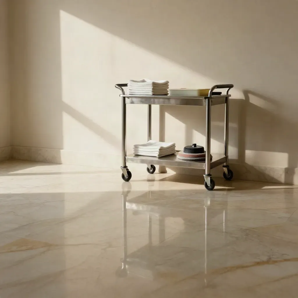 Sunlit marble floor with a distant maintenance cart and polishing tools, calm space for headlines.