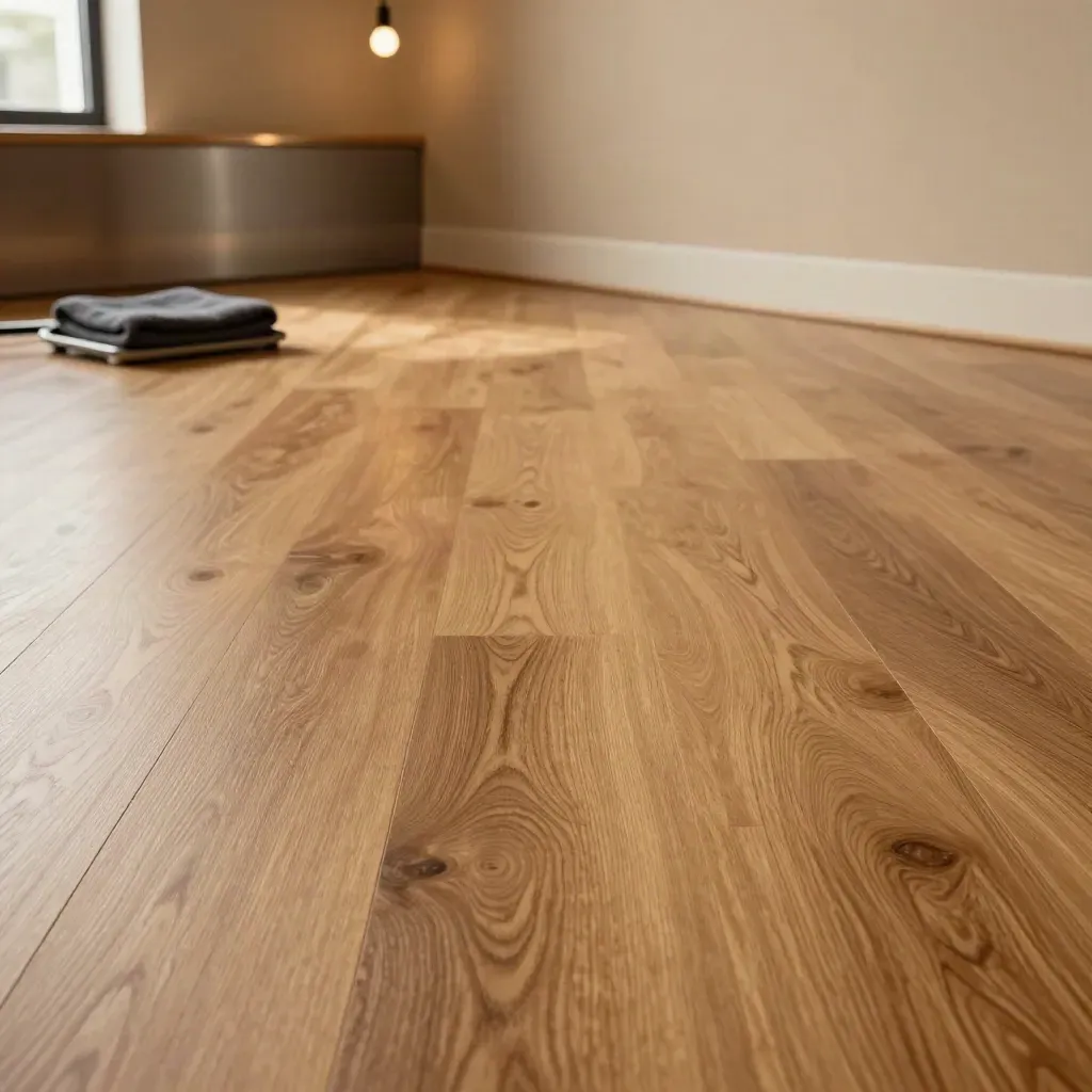 Buffed oak showroom floor with blurred lobby glow, brushed metal trim, and soft pendant light.