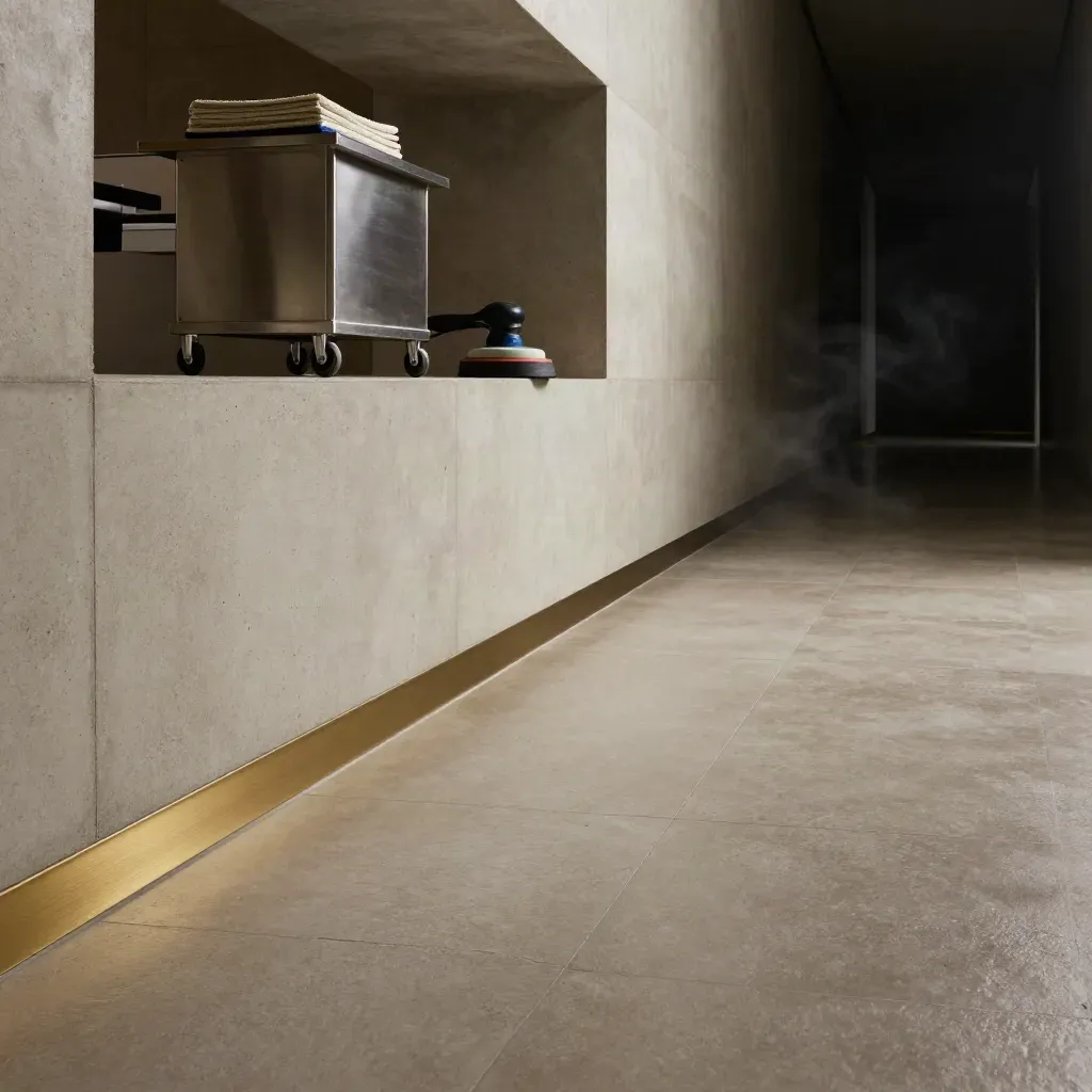 Sunlit concrete corridor with sealed tile sheen and a shadowy service alcove