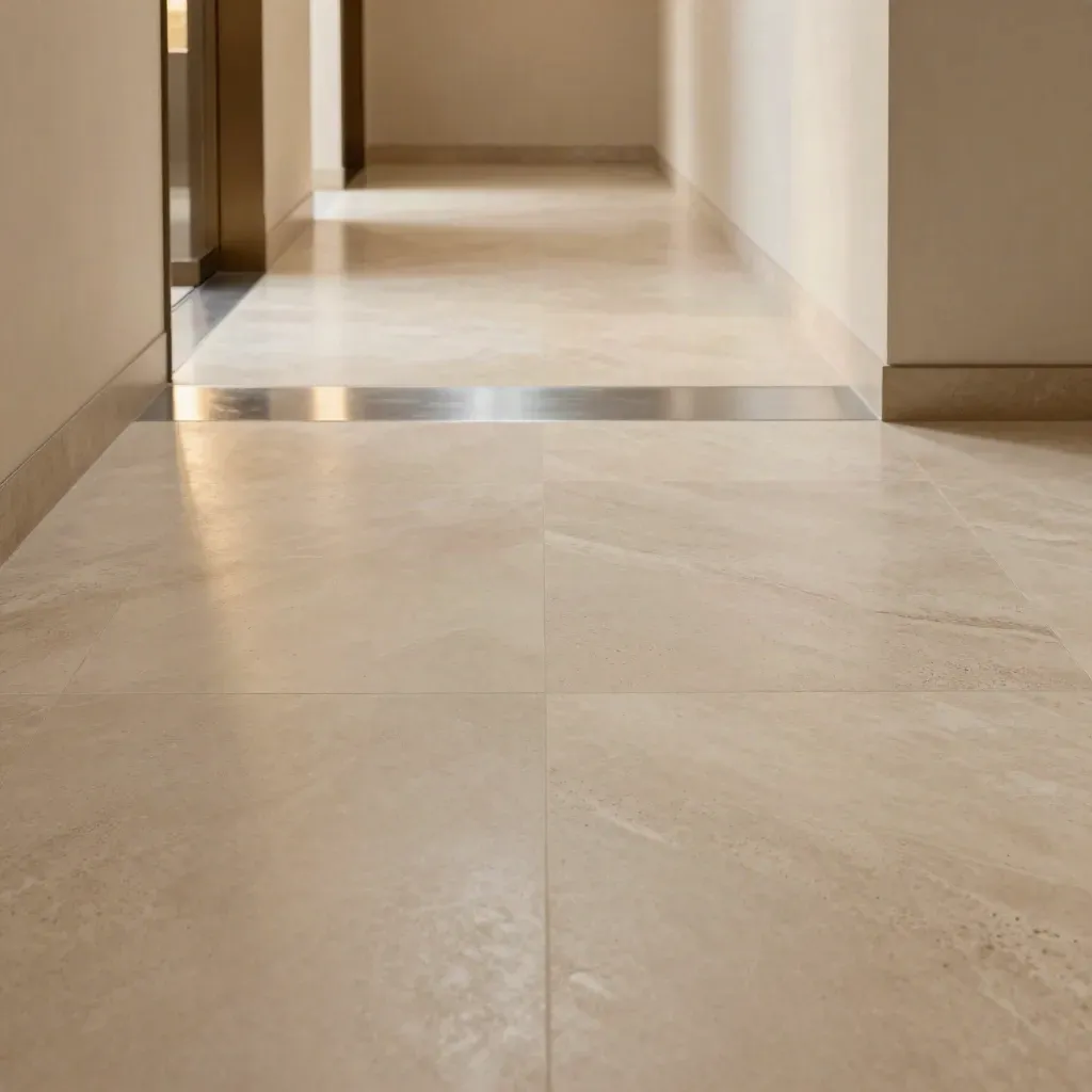 Pale travertine entry hall with waxed floor bays and a distant golden doorway glow.